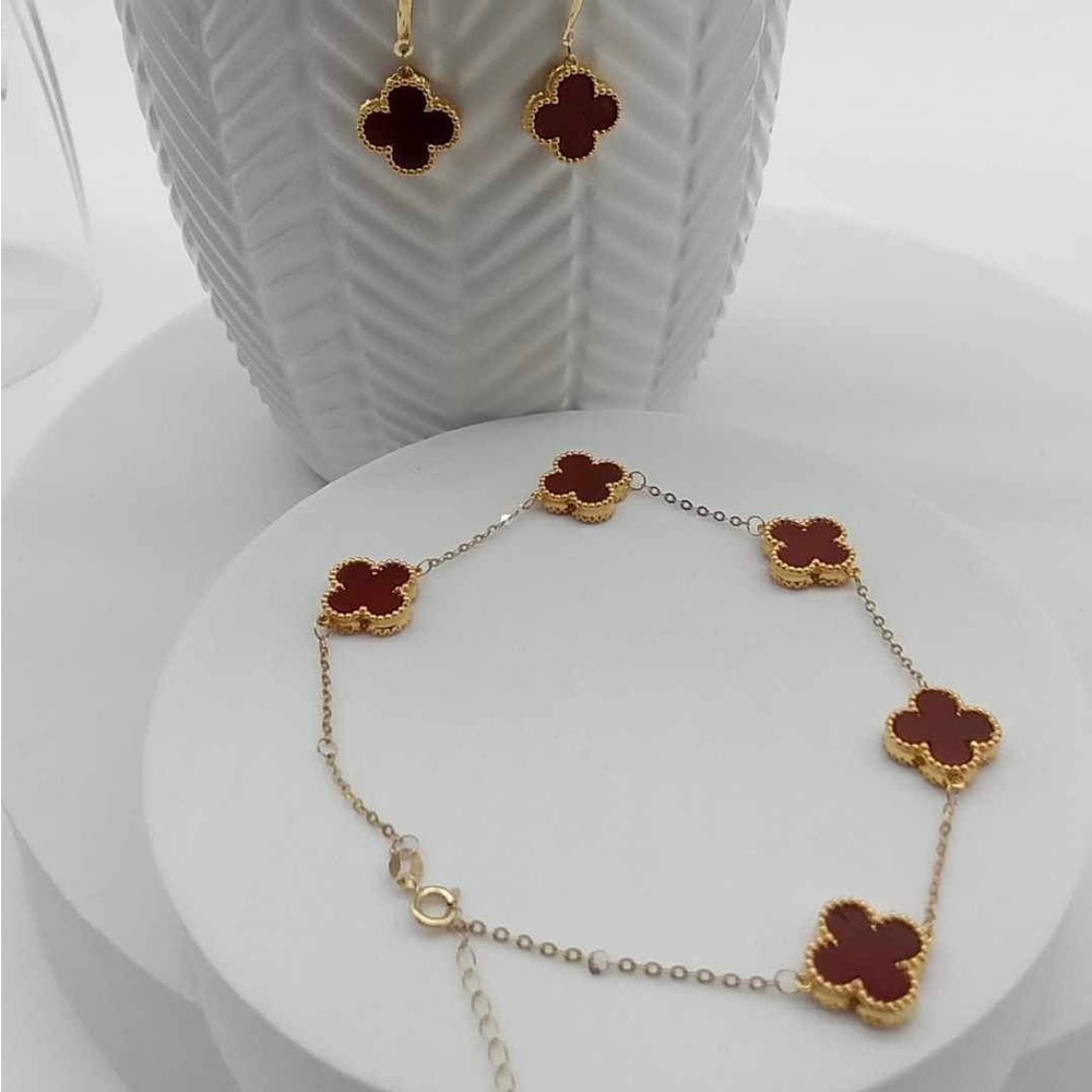 New 18k Gold Four Leaf Clover Red Dainty Hook Dangling Earrings Bracelet Set